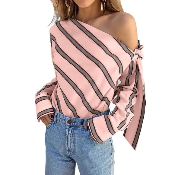Azura Exchange  Pink Striped Asymmetric Tied Shoulder Blouse - Picture 8 of 8